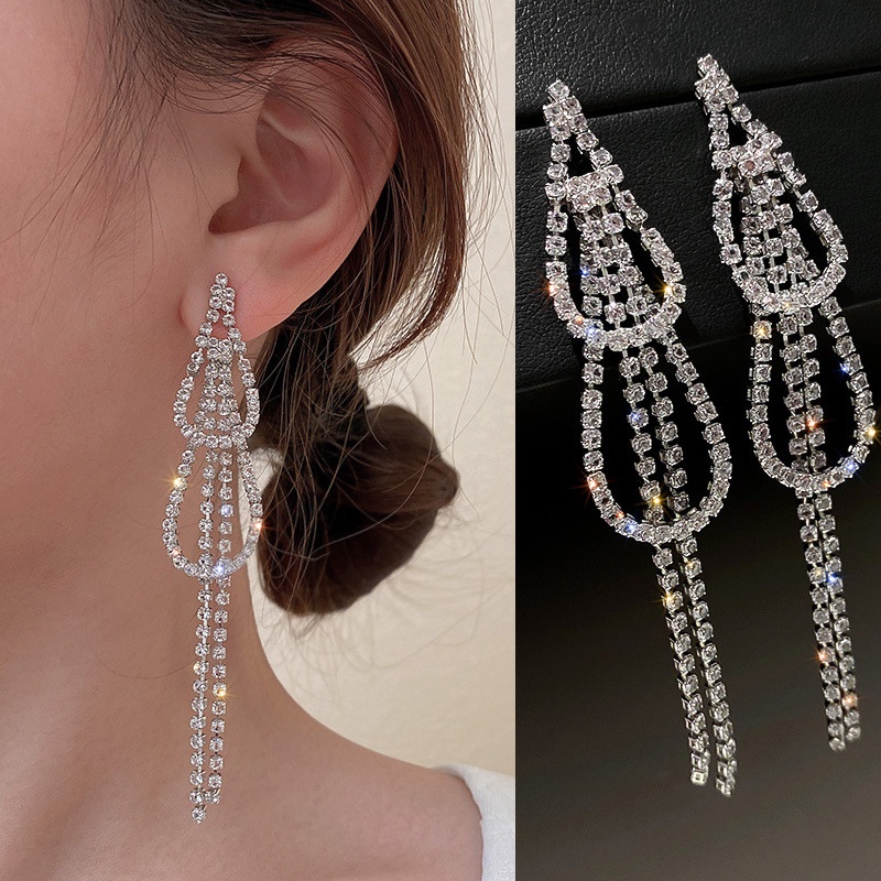Bông Tai Mạ Bạc 925 Hình Kim Cương Tua Rua Phong Cách Hàn Quốc