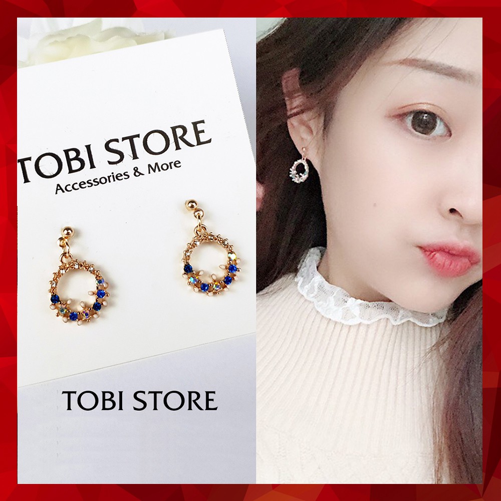 Khuyên tai dễ thương vòng hoa đính đá nhiều màu sắc NO SKU 78 TOBI STORE