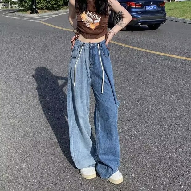 Daduhey Quần Jean Ống Rộng Lưng Cao Phối Dây Rút Màu Sắc Phong Cách Hàn Quốc Thời Trang Cho Nữ