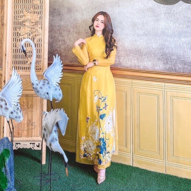 Áo dài Tết tơ 4 tà HOA SEN dài dáng truyền thống - Áo dài HOA CÚC TẾT