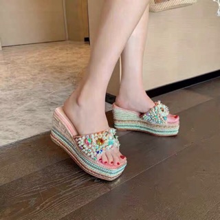 (ORDER) Dép đế xuồng cói đính đá sang chảnh 9 cm, hàng cao cấp (nhiều mẫu - kéo ảnh xem thêm)