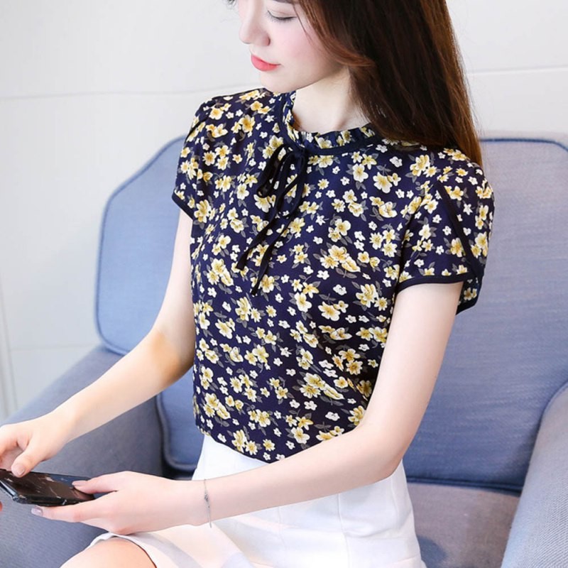 Áo Chiffon nữ tay ngắn in hoa phong cách Hàn Quốc