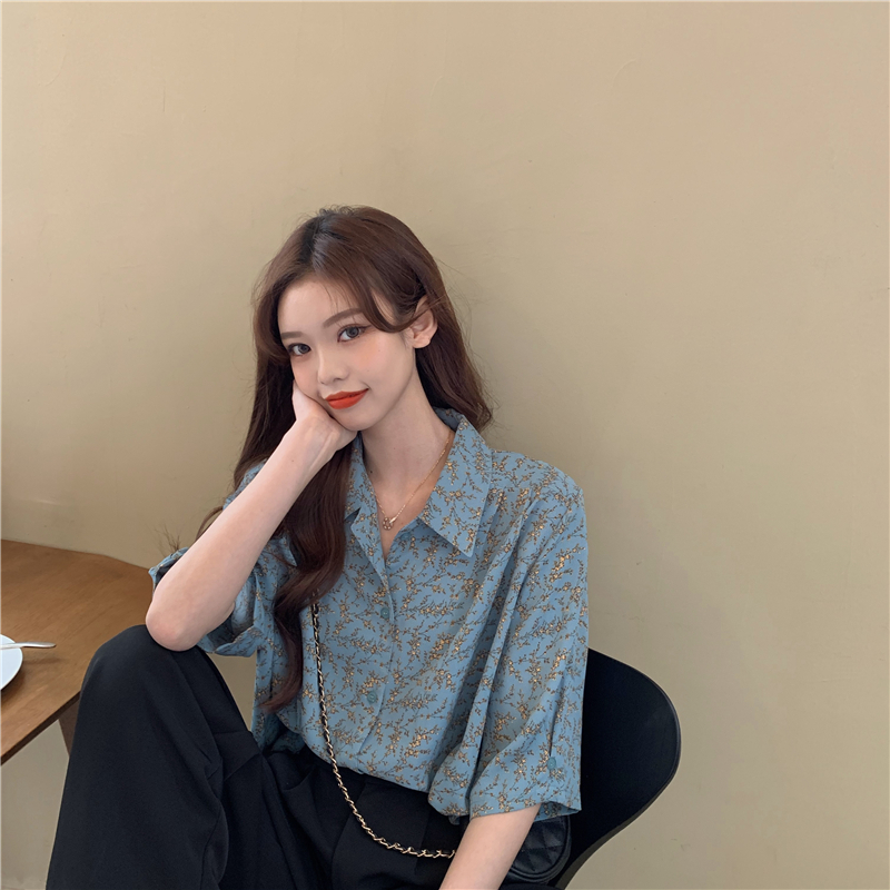 Áo Sơ Mi Chiffon Tay Ngắn Cổ Chữ V Họa Tiết Hoa Phong Cách Hàn Quốc