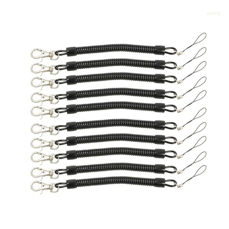 QQ Bộ 10 Dây Móc Khóa Chống Thất Lạc Dạng Xoắn Ốc Màu Đen Có Thể Thu Gọn Cho Thuyền/Ca Nô/Câu Cá