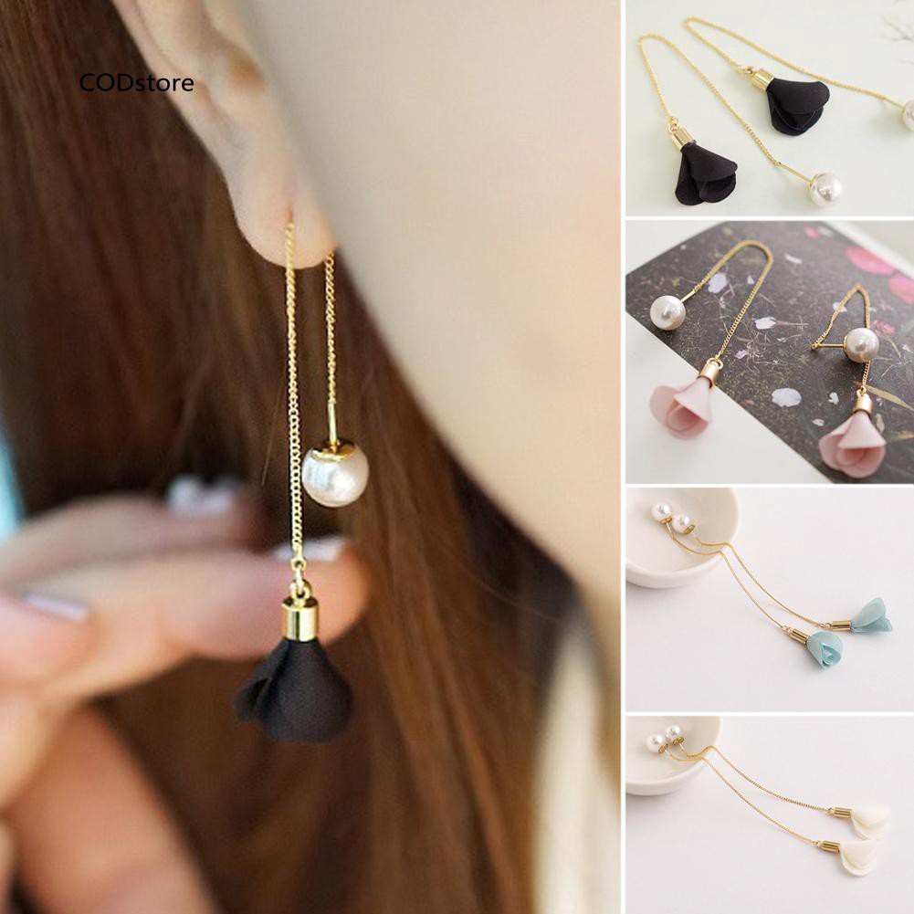 Bông tai chuỗi dáng dài hình hoa đính ngọc trai nhân tạo thời trang