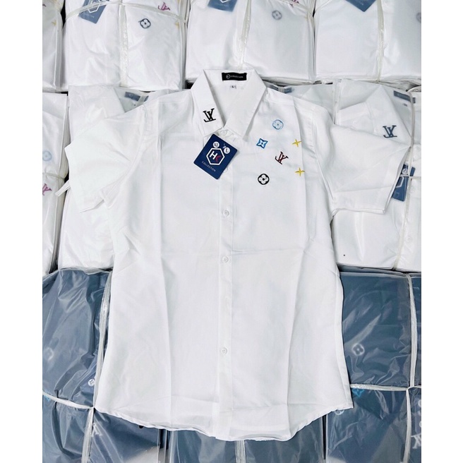 Áo sơ mi nam nữ 3D tay ngắn thêu họa tiết LV, phong cách thời trang chất vải lụa kate mềm mát