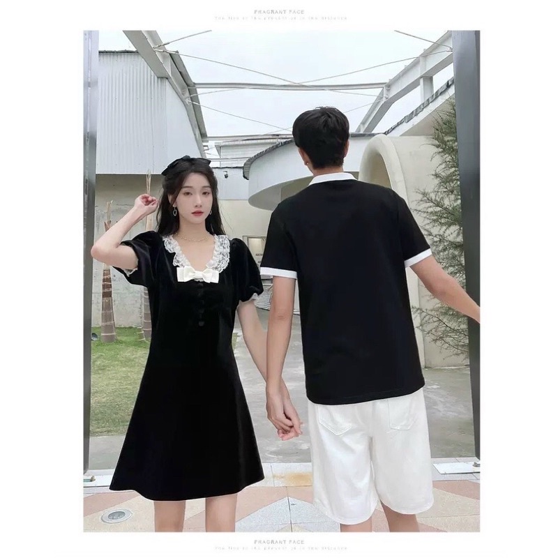 Set áo váy đôi nam nữ chất liệu thun cotton da cá, màu đen viền cổ trắng