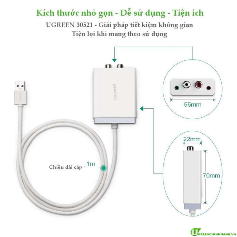 Bộ chuyển âm thanh USB ra 2 đầu 3.5mm (tai nghe+Mic) và 2 đầu hoa sen (RCA) dài 1M UGREEN 30521 - Chính Hãng