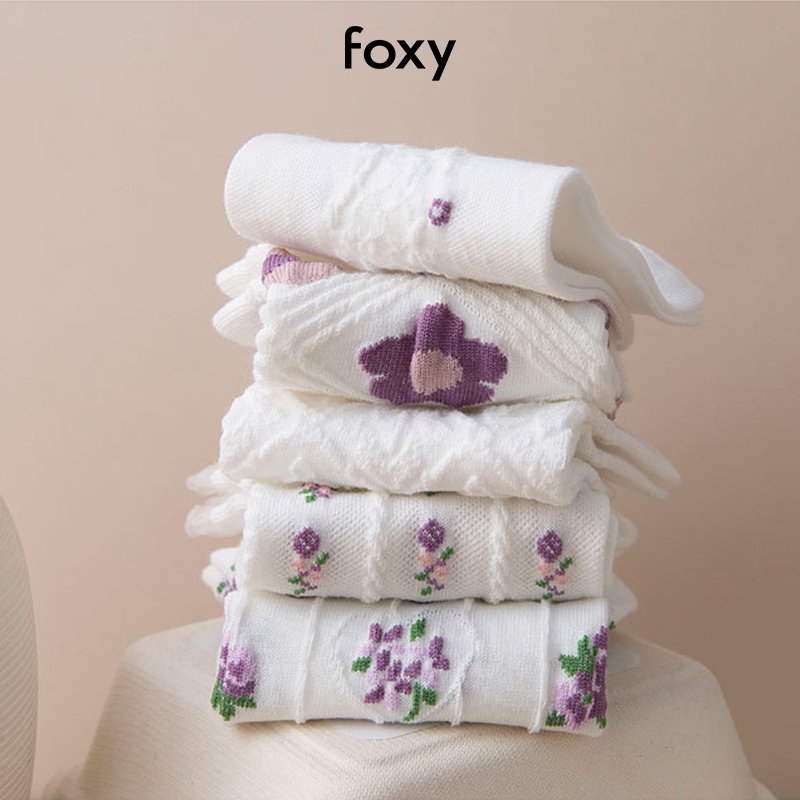 Tất Nữ Cổ Thấp Màu Trắng Phong Cách Nhật Bản Cổ Ren Hoạ Tiết Hoa Cỏ Dễ Thương Foxy - FOS003