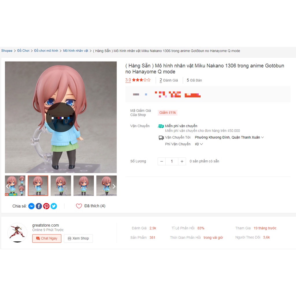 Mô hình nhân vật Miku Nakano 1306 trong anime Gotōbun no Hanayome Q mode