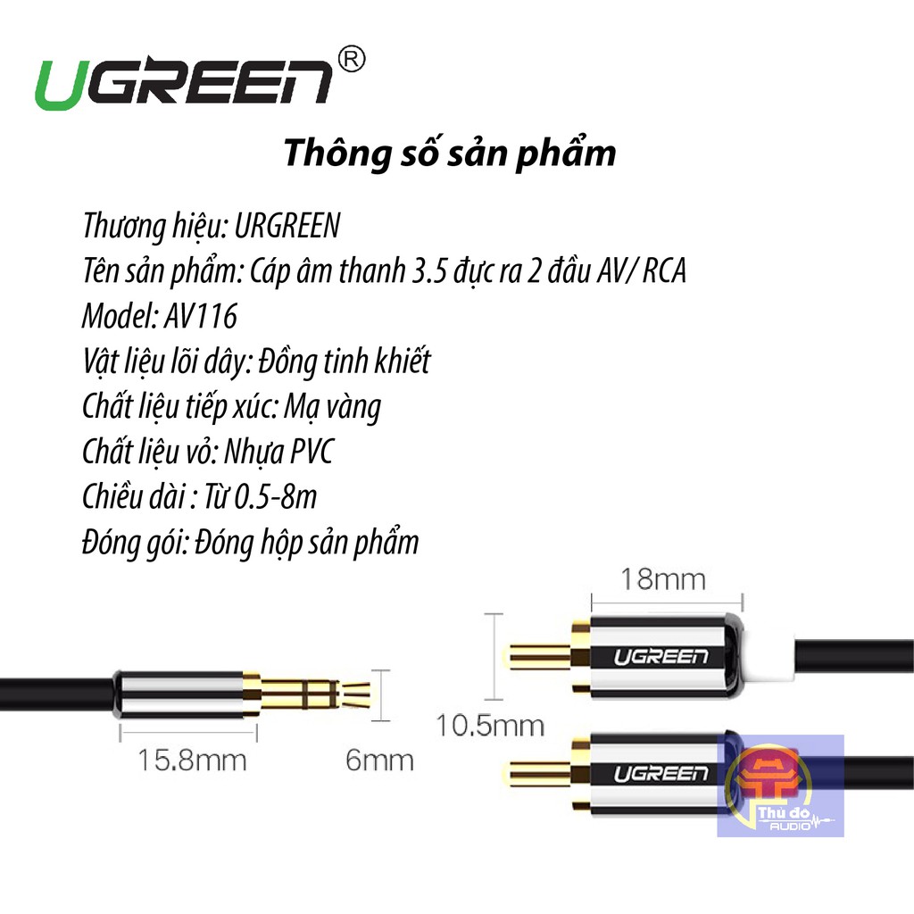 Cáp Audio 3.5mm ra 2 Đầu RCA Hoa Sen UGREEN AV116 cao cấp chiều dài từ 0.5M đến 8M