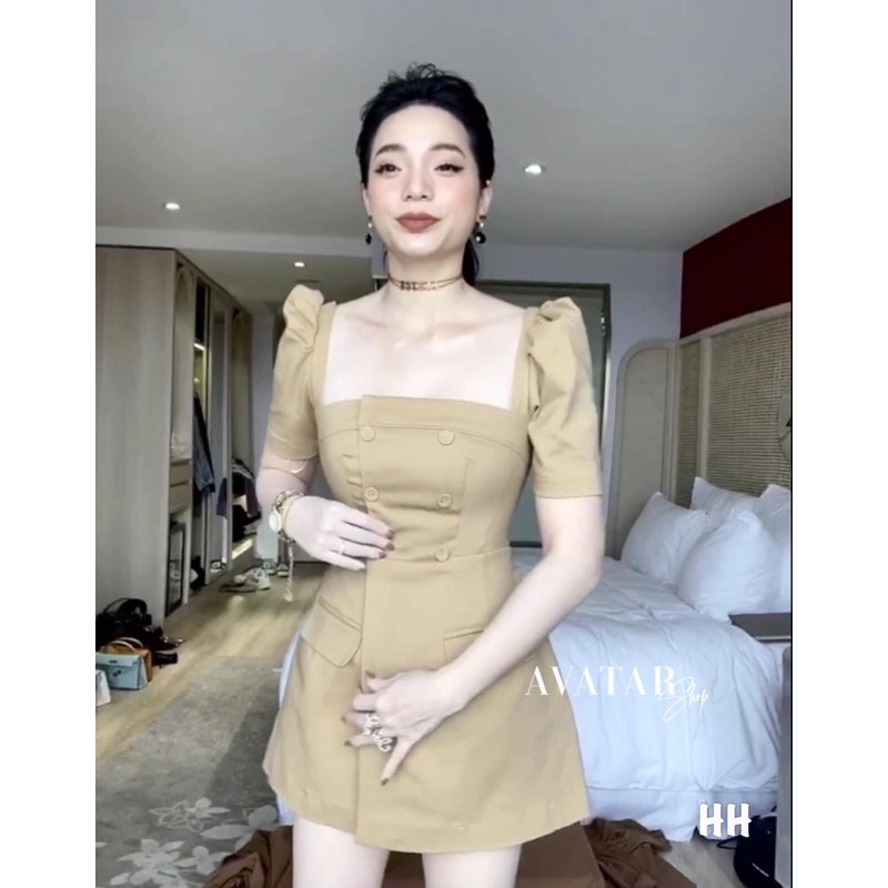 Váy kaki cổ vuông 💖 Video và ảnh thật 💖 váy tay bồng loại 1 đi dự sự kiện, phòng trà, đi dạo phố đêm - An Xinh Shop