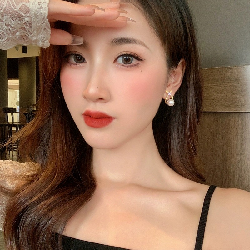 Bông tai chữ X đính ngọc trai nhân tạo phong cách Pháp sang trọng cho nữ
