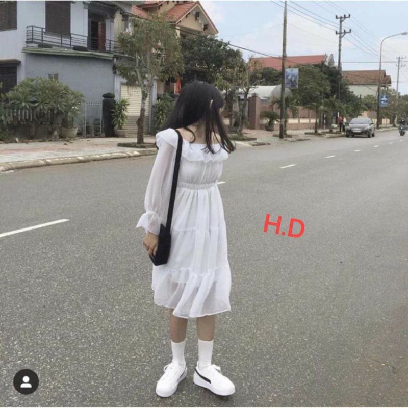 Váy trắng, đầm nữ, váy trễ vai tay bo diện tết chất thô mềm hàng 2 lớp có lót trong | BigBuy360 - bigbuy360.vn