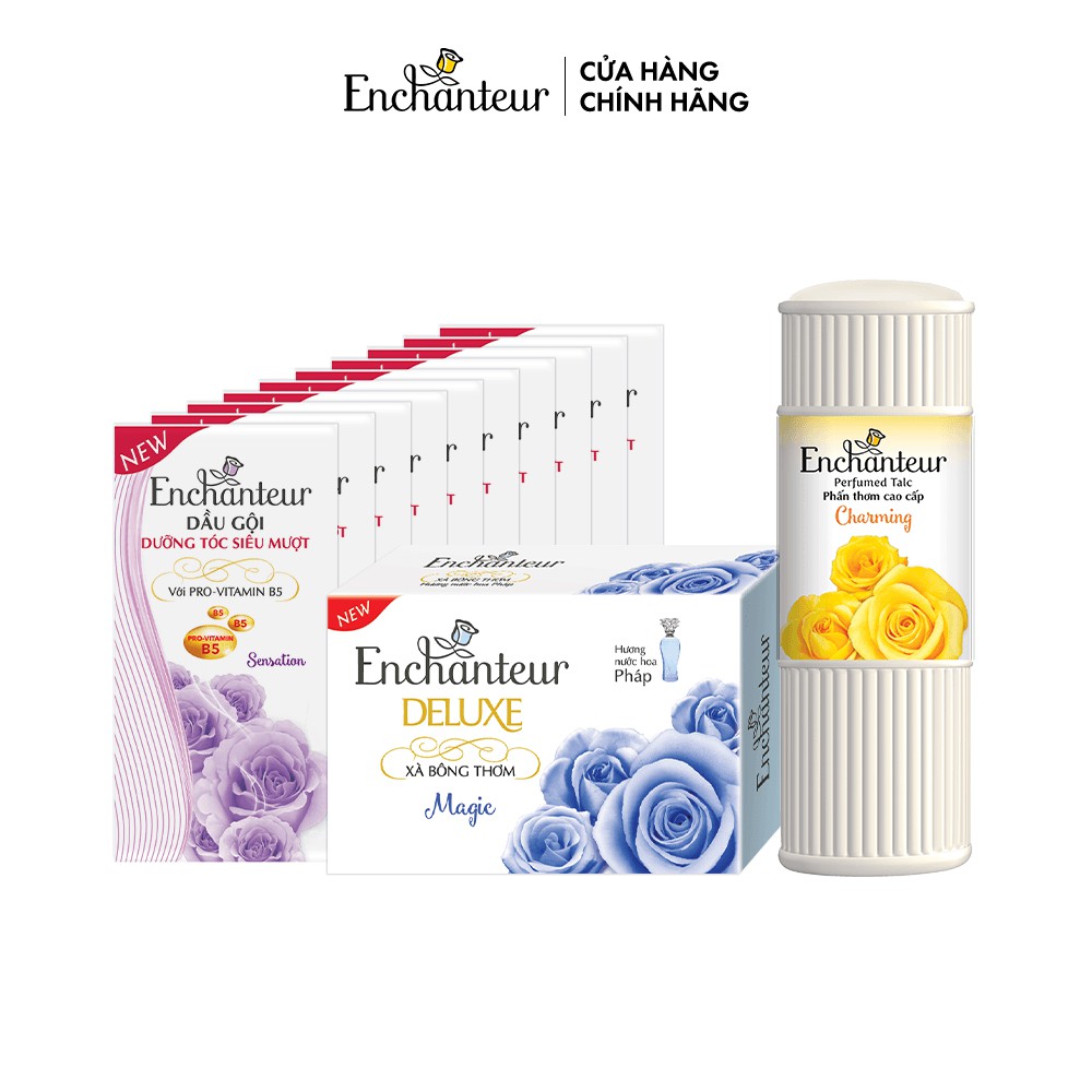 [HB Gift] Combo 12 Quà Cao Cấp Enchanteur (Xà bông 90gr + 10 Gói Dầu Gội 6g/Gói + Phấn thơm 50 Gram - Mùi Ngẫu Nhiên)