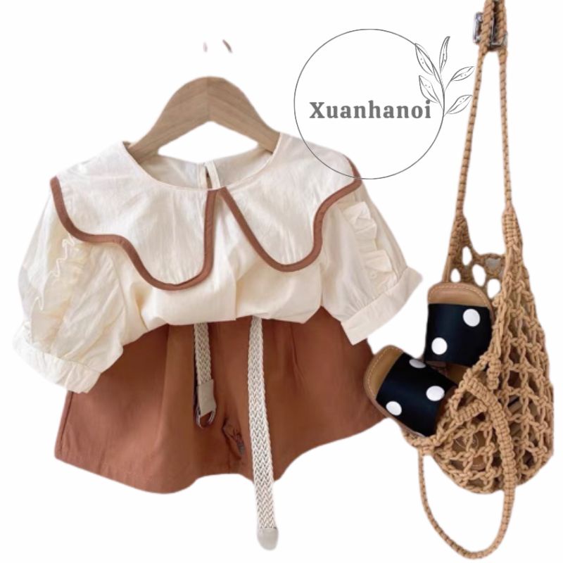 Set Bộ viền lượn bé gái Đồ bộ quần áo cho bé gái áo trắng quần short cam XHN1028