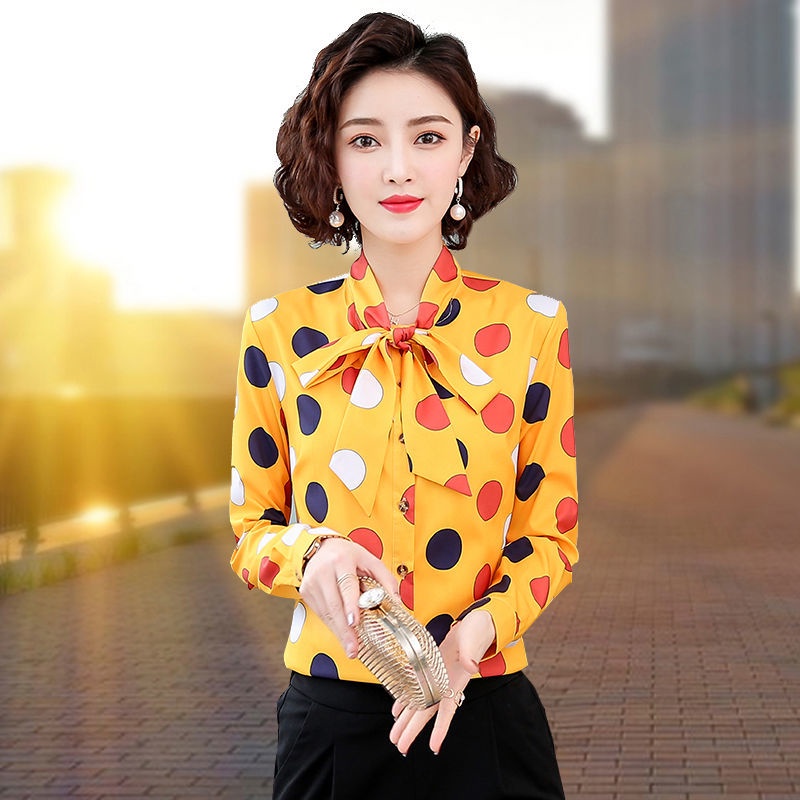 Áo Sơ Mi Chiffon Tay Dài Thắt Nơ Họa Tiết Chấm Bi Phong Cách Hàn Quốc Mới