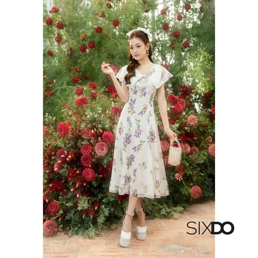 Đầm hoa midi cổ V choàng vai phối hoa thời trang SIXDO-Z