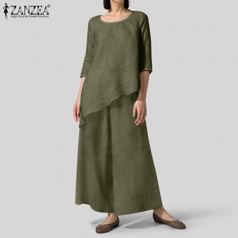 Áo thun tay lỡ cổ tròn và quần ống rộng ZANZEA thời trang cho nữ