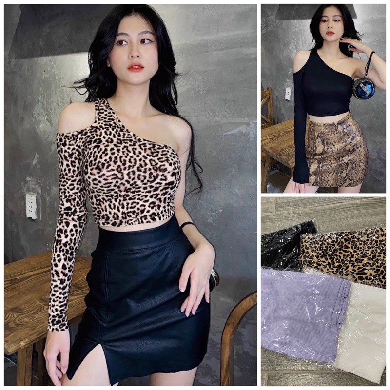 áo thun lệch vai sang chảnh ( áo kiểu croptop da beo )