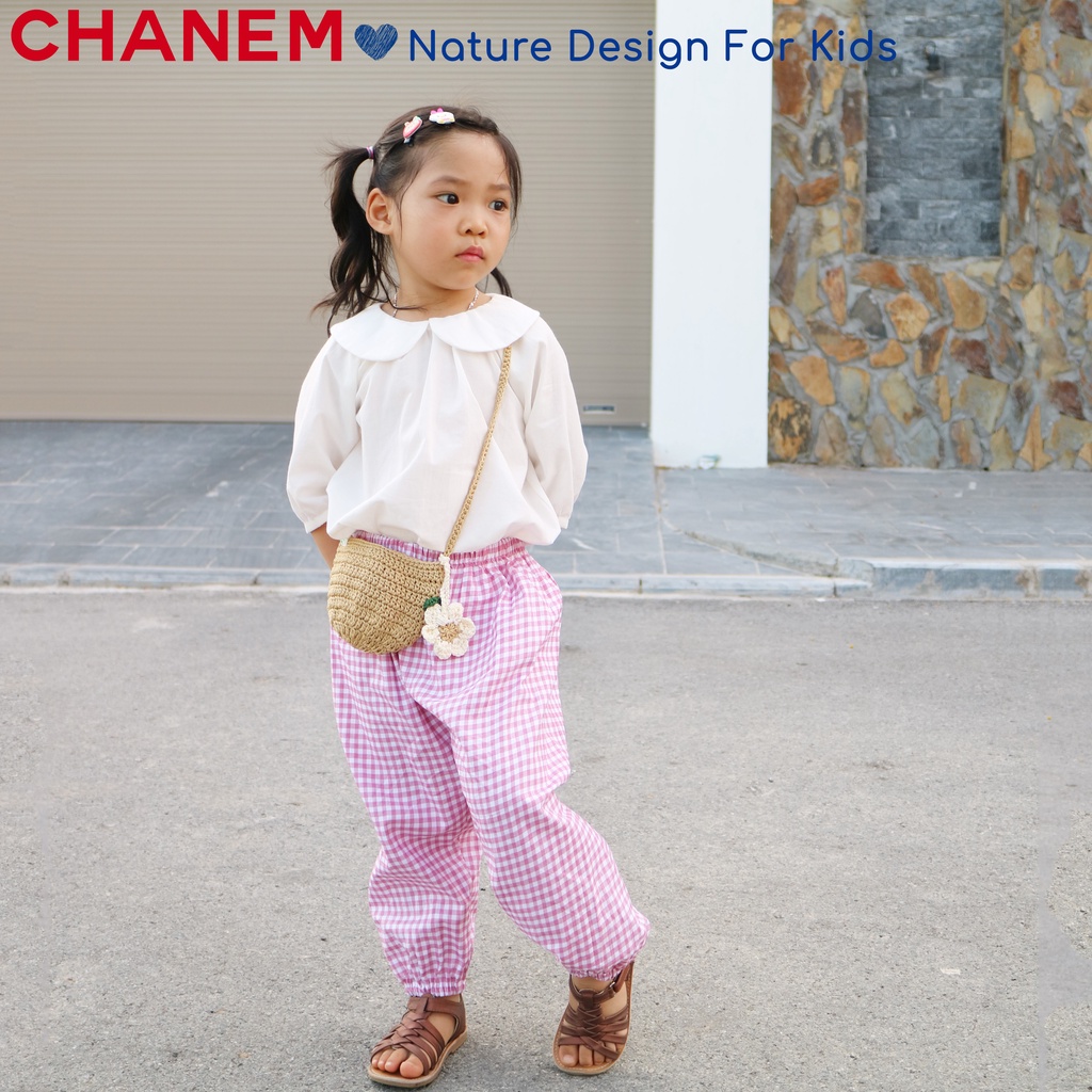 Áo sơmi trắng cho bé gái cổ sen nhún điệu đà tay lửng chất liệu cotton cho bé yêu từ 1 - 10 tuổi CHANEM