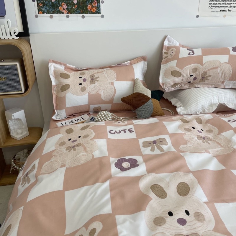 Bộ chăn ga gối cotton poly - Mẫu thỏ cam.