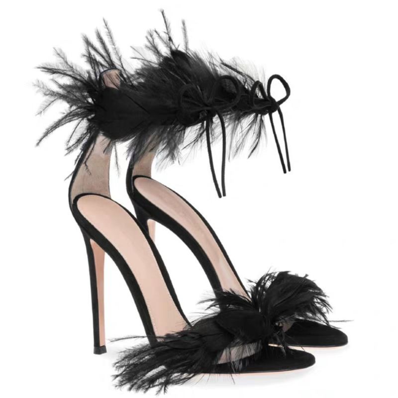 Giày sandal cao gót Jim.my Ch.oo xuất Âu xịn quai ngang đen da bóng cột dây cổ chân đính lông vũ 7cm size 38