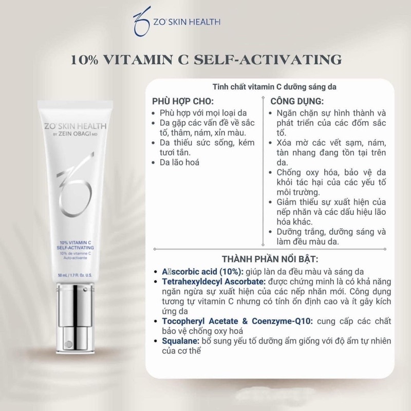 Serum sáng da mờ thâm nám Zo Skin Health 10% Vitamin C Self- Activating