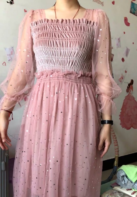 (SẴN) Váy công chúa dáng xòe 2 lớp tay dài lấp lánh BLINK BLINK phong cách dễ thương xinh xắn V00109 | BigBuy360 - bigbuy360.vn