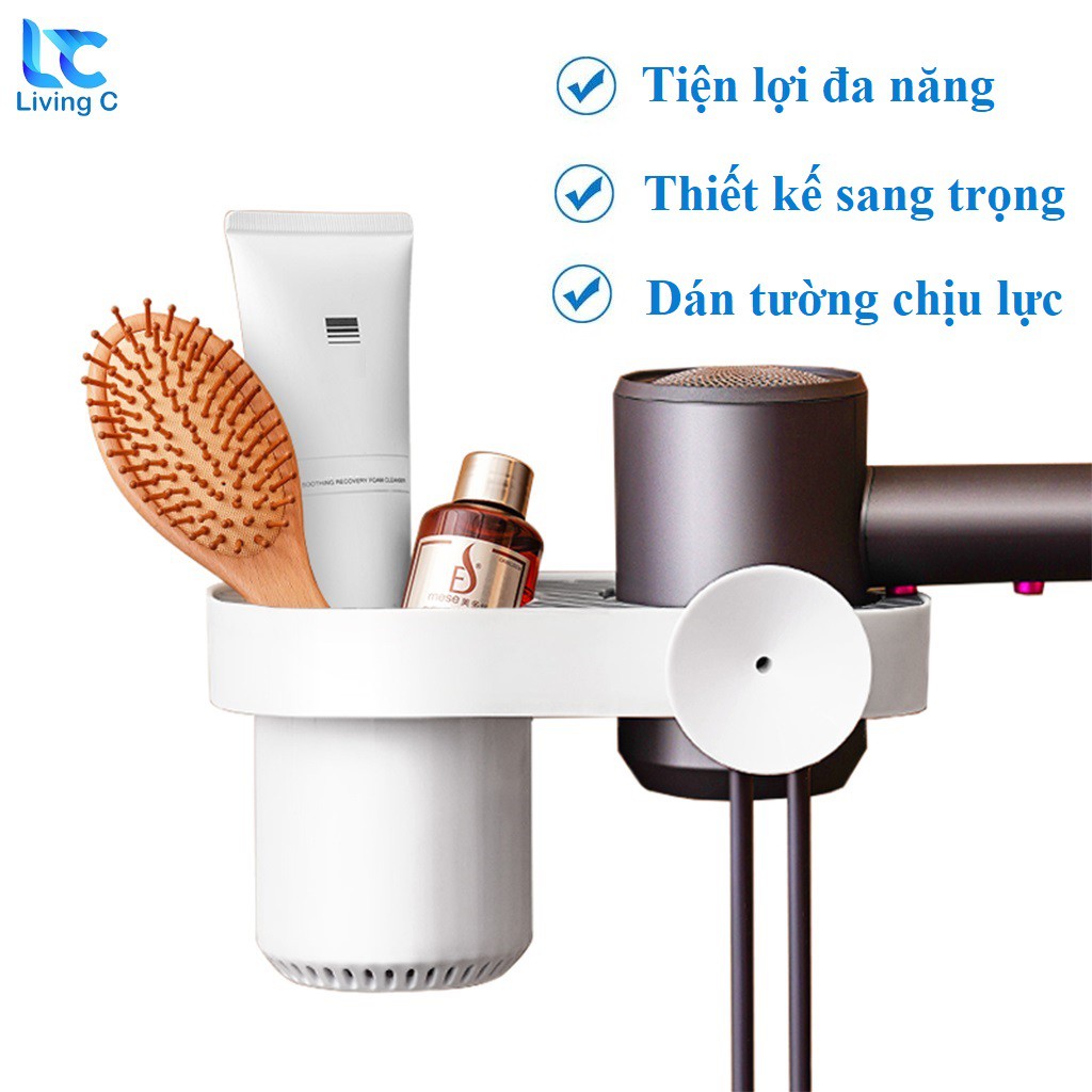 Giá đỡ máy sấy tóc dán tường cao cấp Living C , kệ nhà tắm đựng máy sấy tóc đa năng treo tường chịu lực _SCC