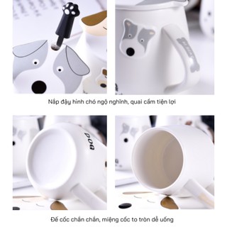 Ly sứ in hình chó có nắp đậy 350ml, cốc uống nước cute phù hợp quà tặng và đồ decor