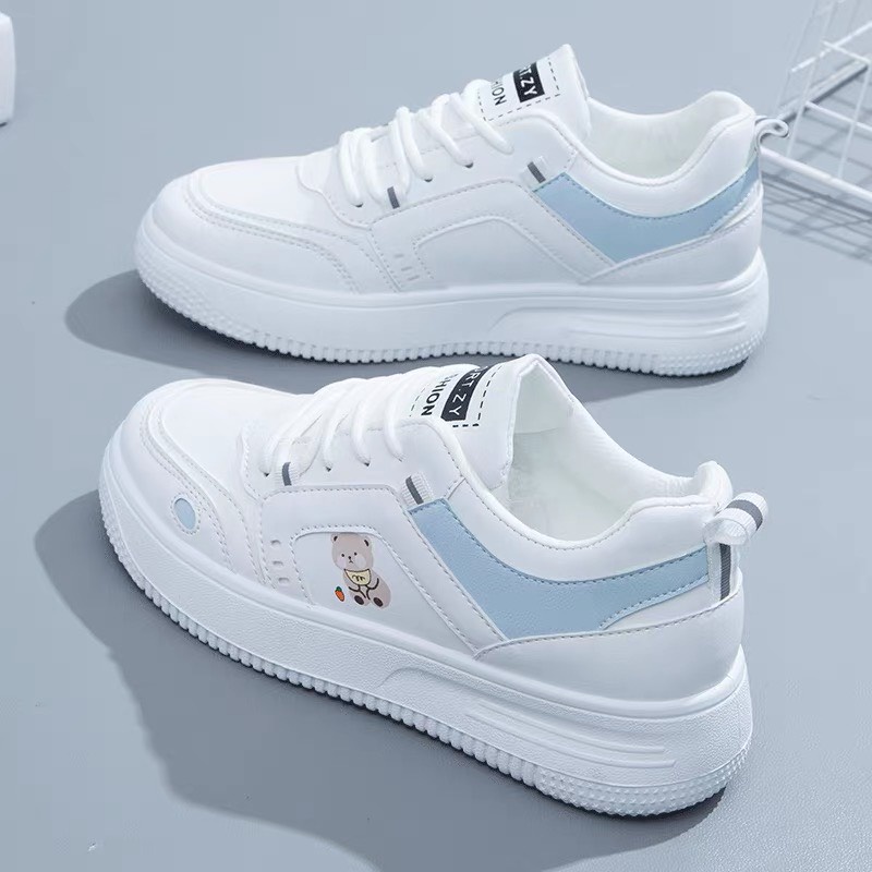 Giày thể thao nữ trắng, Giày nữ hình gấu cute phong cách Hàn Quốc hot 2023 màu trắng be da cao cấp size 36-40 [023]