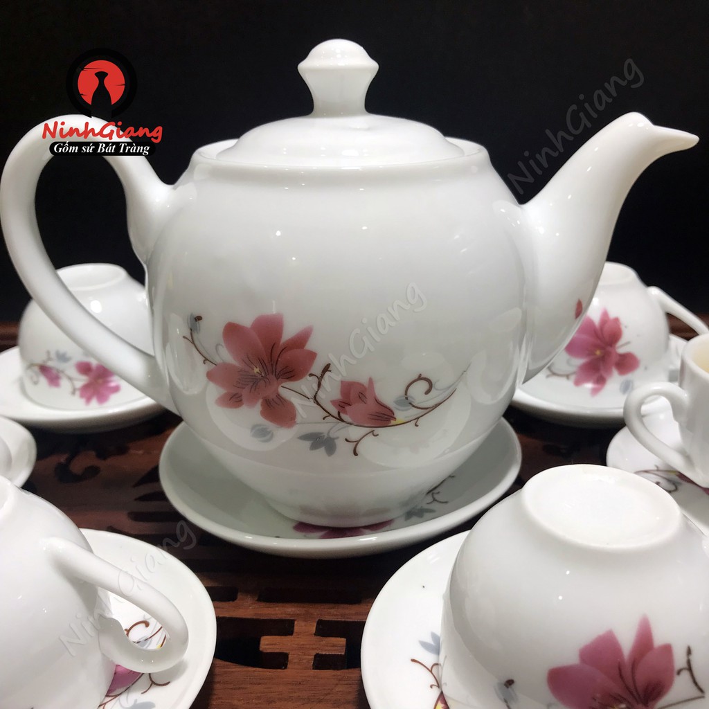 Bộ ấm trà Hoa Lan - Gốm Bát Tràng - Trắng ngọc thanh lịch