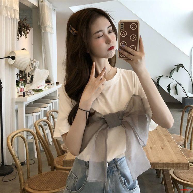 Áo Thun 100% Cotton Tay Ngắn Thắt Nơ Phong Cách Hàn Quốc Thời Trang Mùa Hè Hàng Mới Dành Cho Bạn Nữ