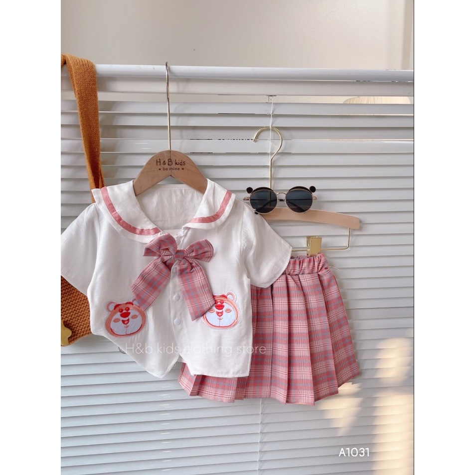 Sét váy xếp ly màu hồng và áo đũi trắng đi học đi chơi đều đẹp nha các mẹ cho bé từ 18-35kg