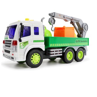 Mô hình xe ô tô chở rác có cẩu móc đồ chơi trẻ em xe chạy đà có âm thanh và đèn