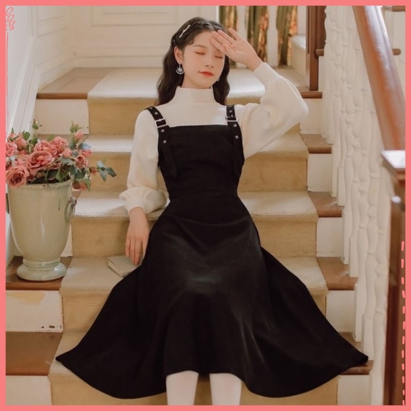 Yếm váy xoè nhung tăm vintage công sở, đi học. Yếm váy xinh lolita