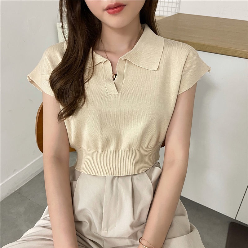 Áo Thun Dệt Kim Tay Ngắn Cổ POLO Màu Trơn Phong Cách Hàn Quốc Thời Trang Mới Cho Nữ