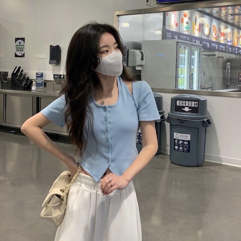 Áo kiểu COZOKC ngắn tay trễ vai ôm dáng gợi cảm dành cho nữ