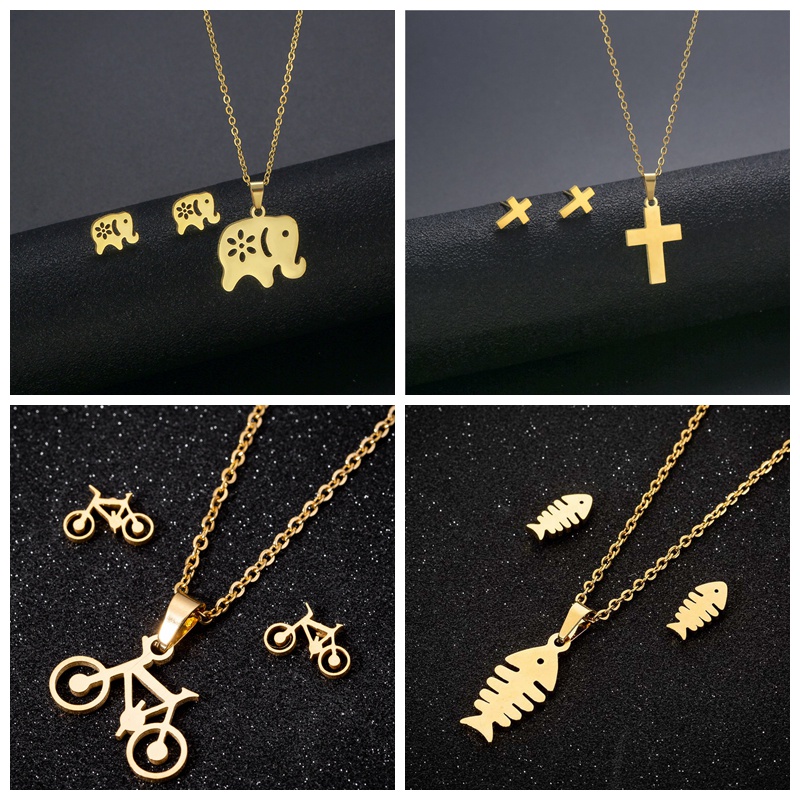 Set Vòng cổ Và Bông Tai 2 Trong 1 Bằng Thép Không Gỉ Mặt Thánh Giá Trái Tim Dễ Thương Cho Nữ