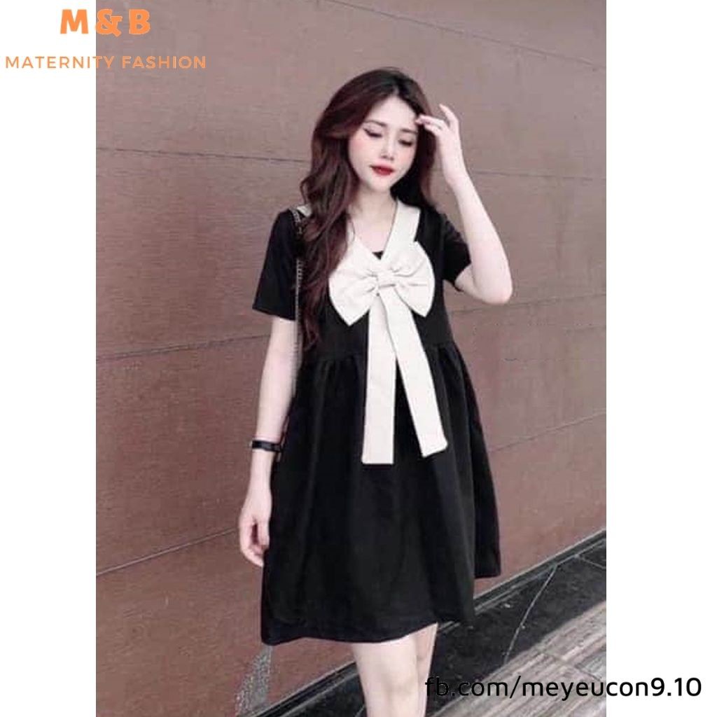 Đầm bầu thời trang thiết kế xuông cổ nơ M138 chất Đũi Hàn freesize từ 45 đến 70kg