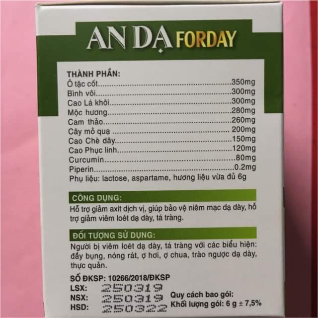 An Dạ forday (hỗ trợ giảm axit dịch vị, giúp bảo vệ niêm mạc dạ dày, hỗ trợ giảm viêm loét dạ dày, tá tràng)