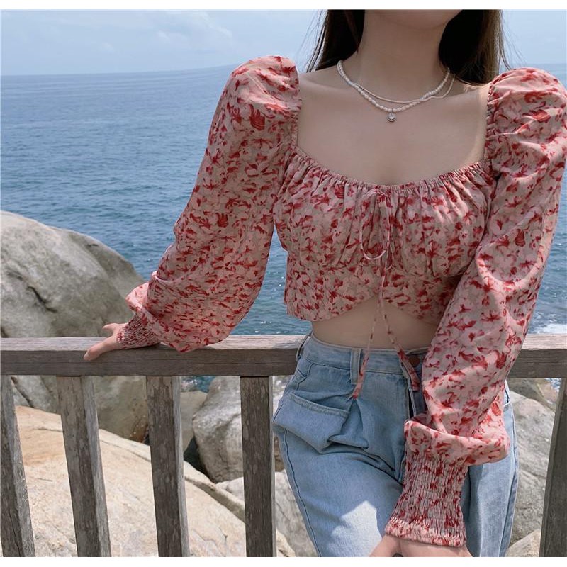 Áo Kiểu Tay Dài Cổ Vuông Chất Chiffon Hoạ Tiết Hoa Cho Phái Nữ | BigBuy360 - bigbuy360.vn