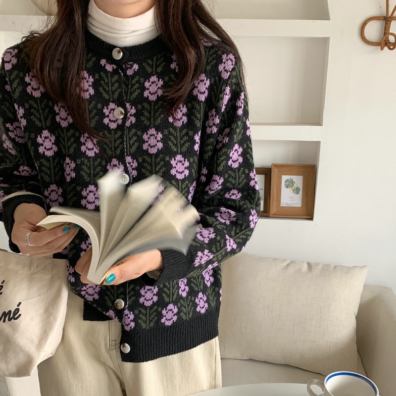 Áo khoác sweater cardigan cổ tròn họa tiết hoa phong cách phương Tây cho nữ