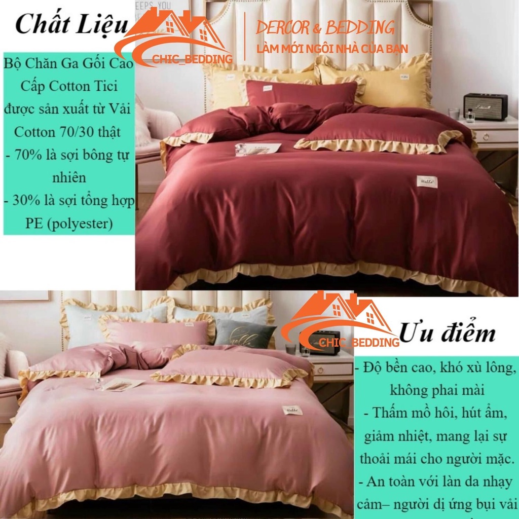 Bộ chăn ga gối cotton tici, sét 4 món chăn ga phối viền bèo không phai màu không xù miễn phí bo chun