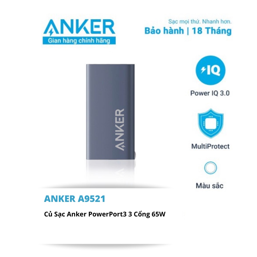 Củ Sạc Anker PowerPort3 3 Cổng 65W A9521