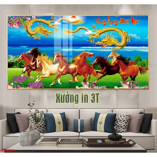 Tranh treo tường phòng khách. Tranh tráng gương trang trí tường Chủ đề Bát mã, Mã đáo thành công 60x120 Cm. Xưởng in 3T