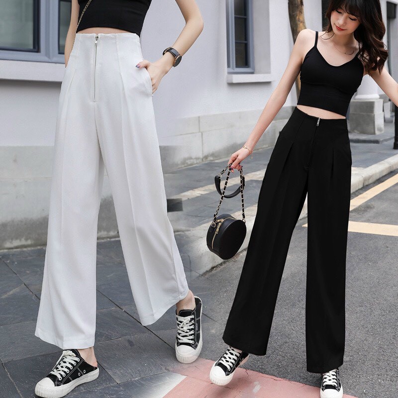 Quần Ống Rộng Suông Cạp Cao Khóa Trước Tôn Dáng Chất Tuyết Mưa Siêu Hót
