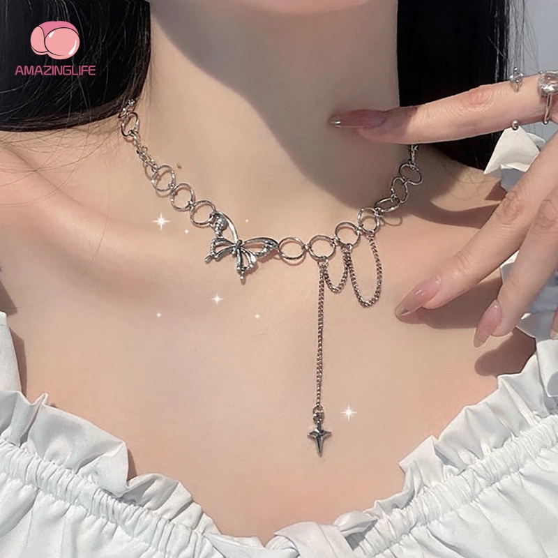Vòng cổ Ngắn / Vòng cổ Tua Rua Hình Bướm Rỗng Màu Bạc Phong Cách Gothic Hàn Quốc Thích Hợp Dự Tiệc