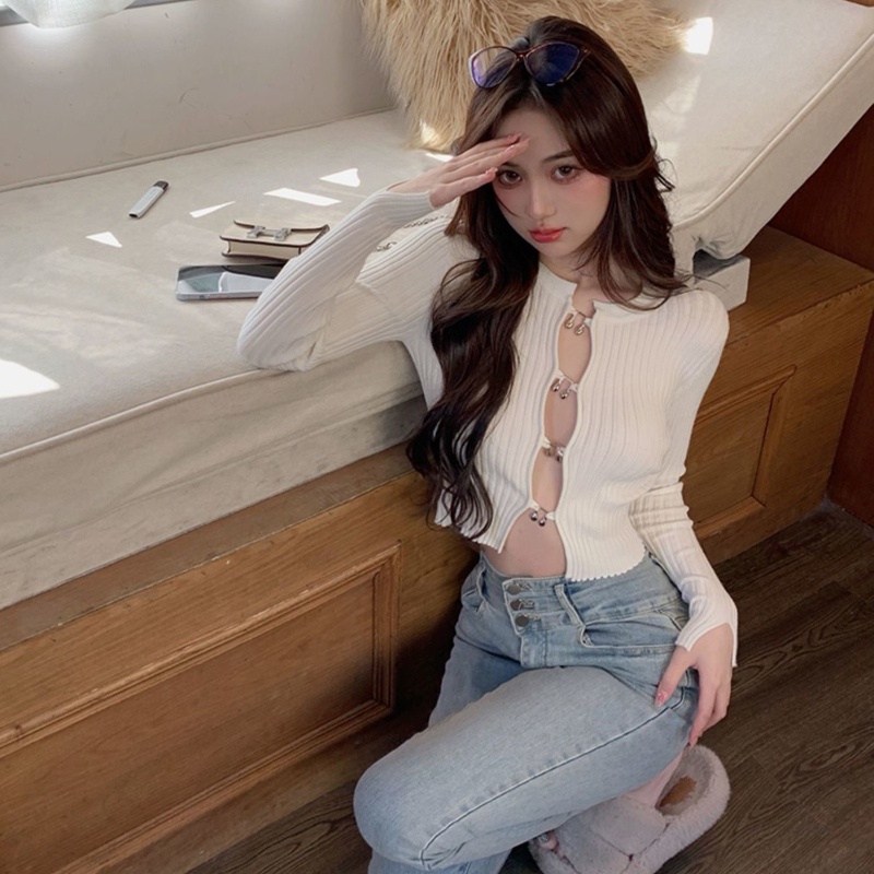 Áo cardigan COZOK dệt kim tay dài dáng ôm khoét lỗ thời trang Hàn Quốc